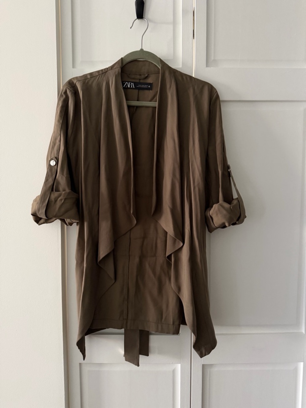 Zara Olive Brown Lightweight Draped Open Front Tie Belt Blazer Jacket Size M